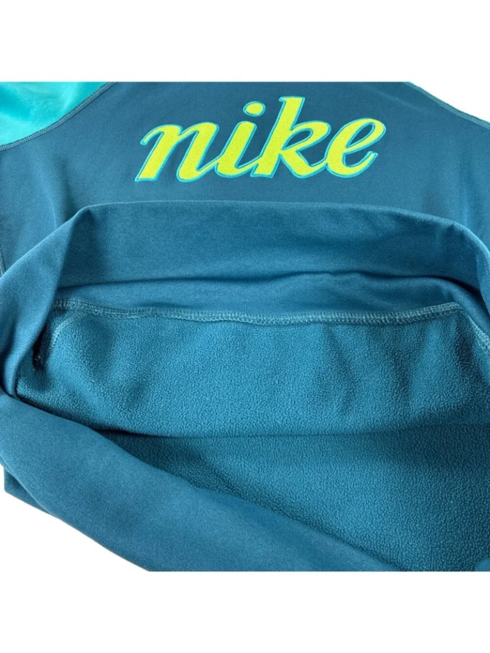 Nike Women's Therma-FIT Colorblock Script Logo Hoodie Teal Blue Neon Volt  SZ  M